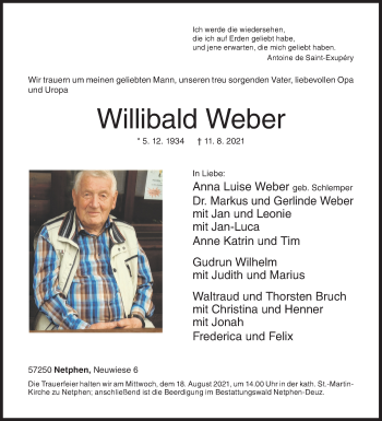 Traueranzeige von Willibald Weber von Siegener Zeitung