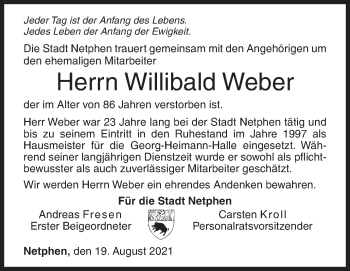 Traueranzeige von Willibald Weber von Siegener Zeitung