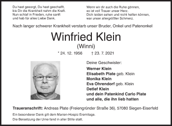 Traueranzeige von Winfried Klein von Siegener Zeitung