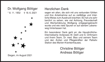 Traueranzeige von Wolfgang Böttger von Siegener Zeitung
