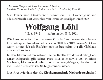 Traueranzeige von Wolfgang Löhl von Siegener Zeitung