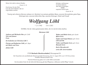Traueranzeige von Wolfgang Löhl von Siegener Zeitung