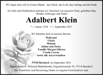 Traueranzeige von Adalbert Klein von Siegener Zeitung