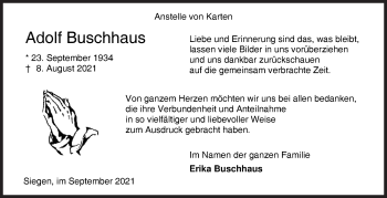 Traueranzeige von Adolf Buschhaus von Siegener Zeitung