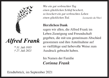 Traueranzeige von Alfred Frank von Siegener Zeitung