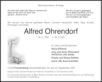 Traueranzeige von Alfred Ohrendorf von Siegener Zeitung