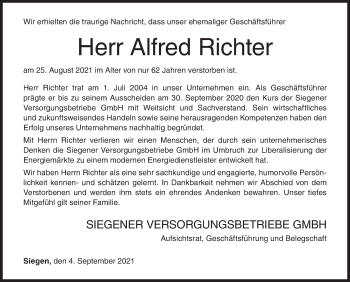 Traueranzeige von Alfred Richter von Siegener Zeitung