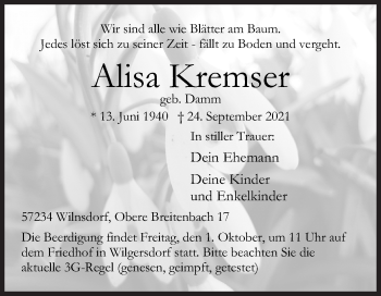 Traueranzeige von Alisa Kremser von Siegener Zeitung