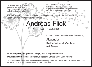Traueranzeige von Andreas Flick von Siegener Zeitung