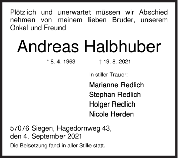 Traueranzeige von Andreas Halbhuber von Siegener Zeitung
