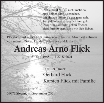 Traueranzeige von Andreas Arno Flick von Siegener Zeitung