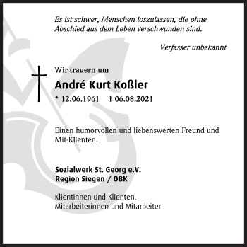 Traueranzeige von André Kurt Koßler von Siegener Zeitung