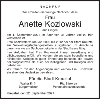Traueranzeige von Anette Kozlowski von Siegener Zeitung
