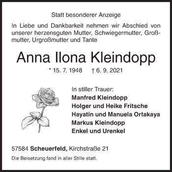 Traueranzeige von Anna Ilona Kleindopp von Siegener Zeitung