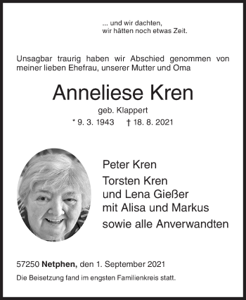 Traueranzeige von Anneliese Kren von Siegener Zeitung