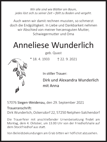 Traueranzeige von Anneliese Wunderlich von Siegener Zeitung