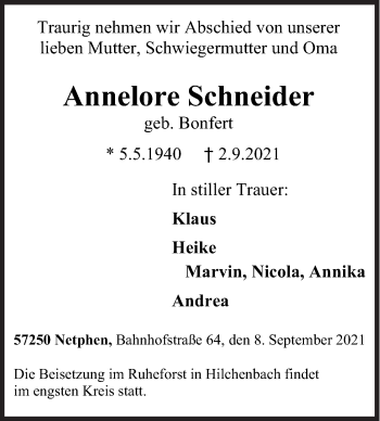Traueranzeige von Annelore Schneider von Siegener Zeitung