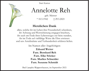 Traueranzeige von Annelotte Reh von Siegener Zeitung
