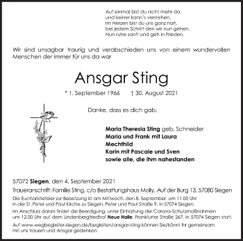 Traueranzeige von Ansgar Sting von Siegener Zeitung