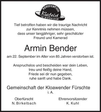 Traueranzeige von Armin Bender von Siegener Zeitung