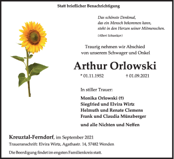 Traueranzeige von Arthur Orlowski von Siegener Zeitung