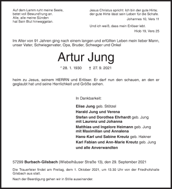Traueranzeige von Artur Jung von Siegener Zeitung