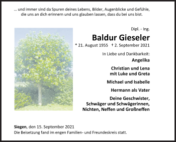 Traueranzeige von Baldur Gieseler von Siegener Zeitung