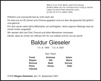 Traueranzeige von Baldur Gieseler von Siegener Zeitung