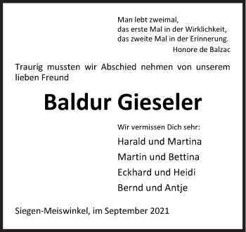Traueranzeige von Baldur Gieseler von Siegener Zeitung