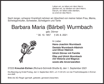 Traueranzeige von Barbara Maria  Wurmbach von Siegener Zeitung