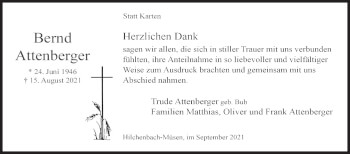 Traueranzeige von Bernd Attenberger von Siegener Zeitung