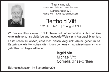 Traueranzeige von Berthold Vitt von Siegener Zeitung