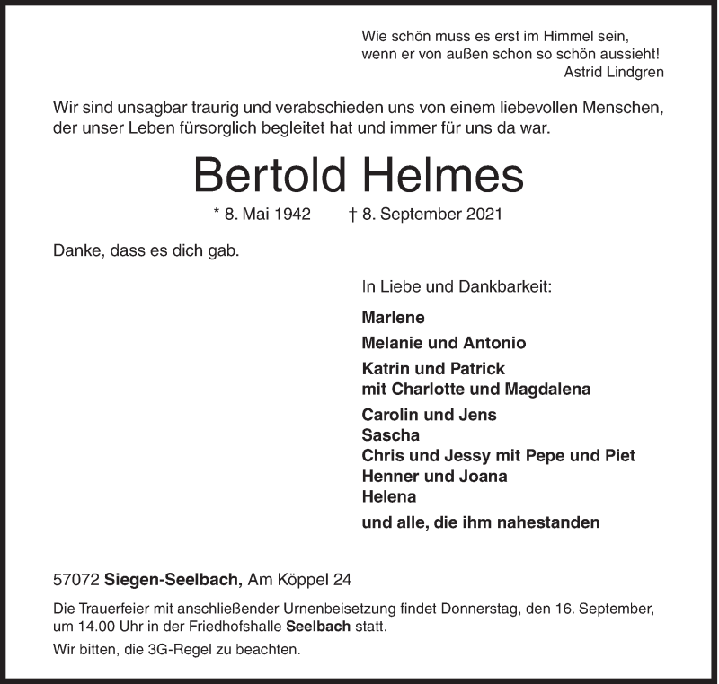  Traueranzeige für Bertold Helmes vom 11.09.2021 aus Siegener Zeitung