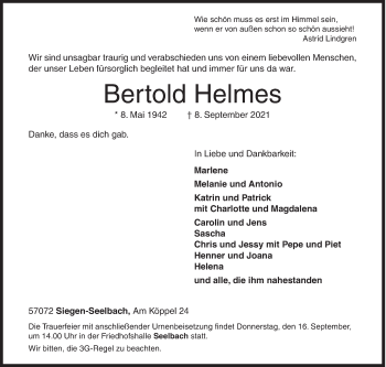 Traueranzeige von Bertold Helmes von Siegener Zeitung
