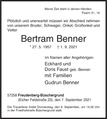 Traueranzeige von Bertram Benner von Siegener Zeitung