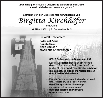 Traueranzeige von Birgitta Kirchhöfer von Siegener Zeitung