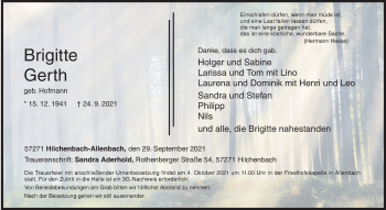 Traueranzeige von Brigitte Gerth von Siegener Zeitung