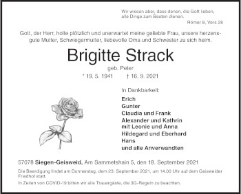 Traueranzeige von Brigitte Strack von Siegener Zeitung