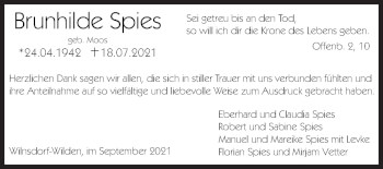 Traueranzeige von Brunhilde Spies von Siegener Zeitung