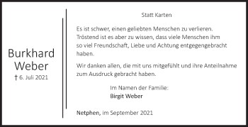 Traueranzeige von Burkhard Weber von Siegener Zeitung