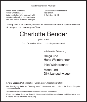 Traueranzeige von Charlotte Bender von Siegener Zeitung