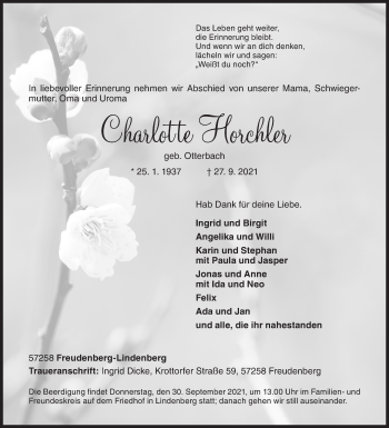 Traueranzeige von Charlotte Horchler von Siegener Zeitung