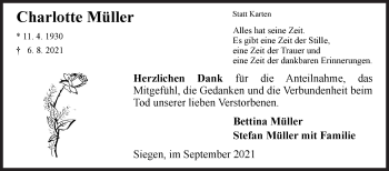 Traueranzeige von Charlotte Müller von Siegener Zeitung