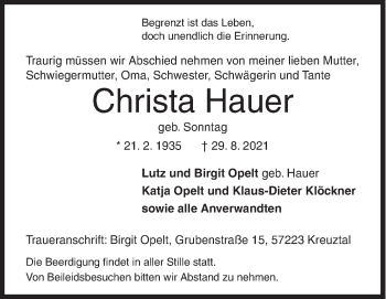 Traueranzeige von Christa Hauer von Siegener Zeitung