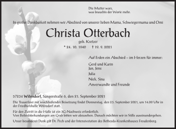 Traueranzeige von Christa Otterbach von Siegener Zeitung