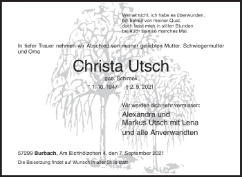 Traueranzeige von Christa Utsch von Siegener Zeitung