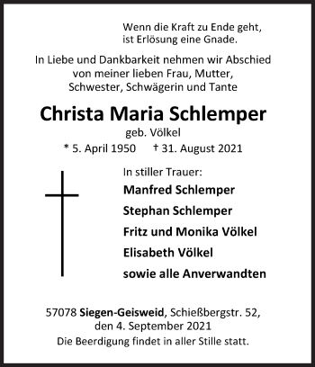 Traueranzeige von Christa Maria Schlemper von Siegener Zeitung