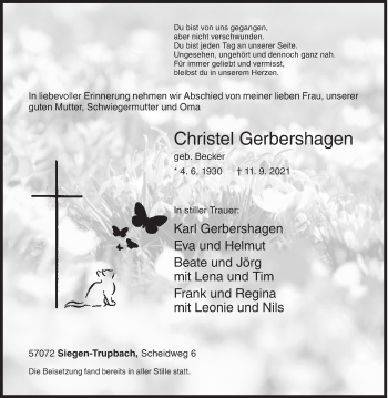 Traueranzeige von Christel Gerbershagen von Siegener Zeitung