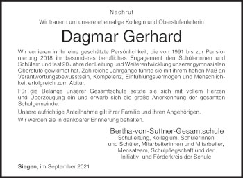 Traueranzeige von Dagmar Gerhard von Siegener Zeitung