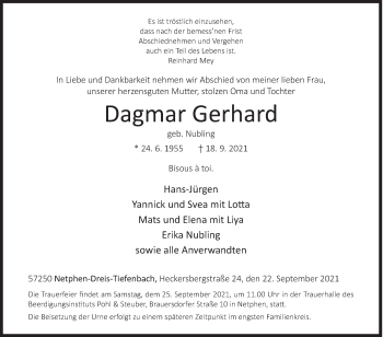 Traueranzeige von Dagmar Gerhard von Siegener Zeitung